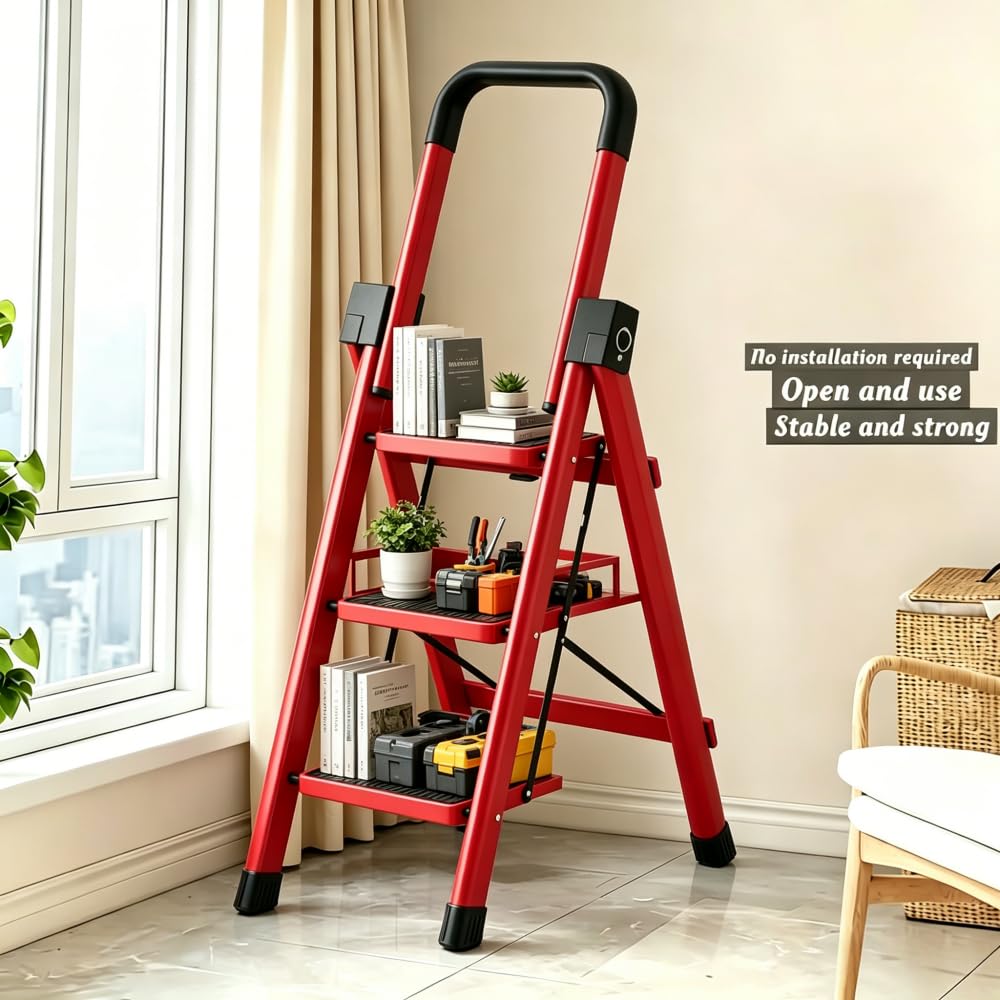 Heavy Sturdy Steel 4 Tier Step Stool with Handrail Q63623