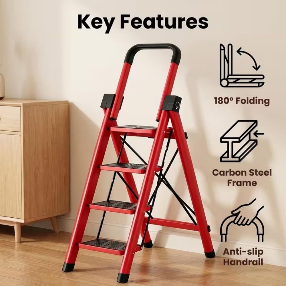 Heavy Sturdy Steel 4 Tier Step Stool with Handrail Q63623