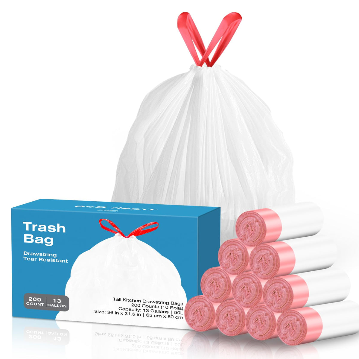 13.2 Gallon Tall Kitchen Drawstring Trash Bags, 200 Count Unscented Leak Proof J1638
