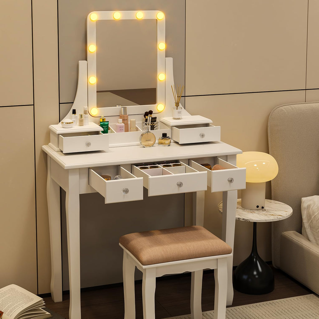 Vanity Desk with Mirror and Lights and Stool Set A4705