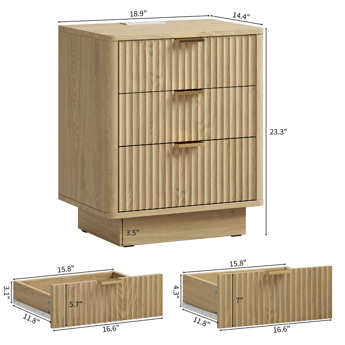 Natural 3 Drawer Nightstand with Charging Station V3984