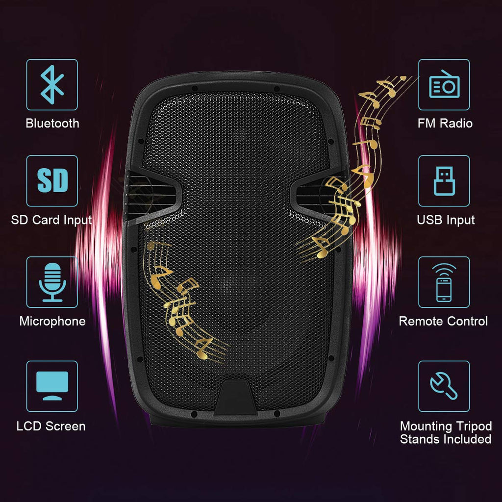 2000W 12" Portable Dual Powered Speakers PA System with Tripod Stands I210209