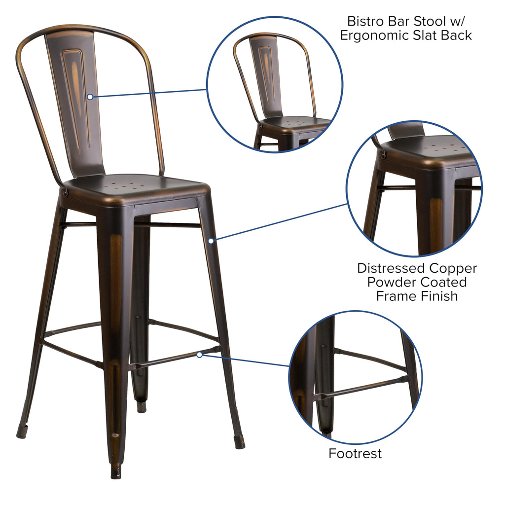 Distressed Copper Metal Indoor-Outdoor Barstool with Back E50139