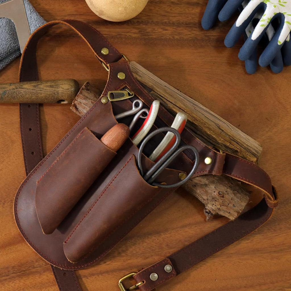 Brown Leather Gardening Tool Belt with 4 Pockets M2326
