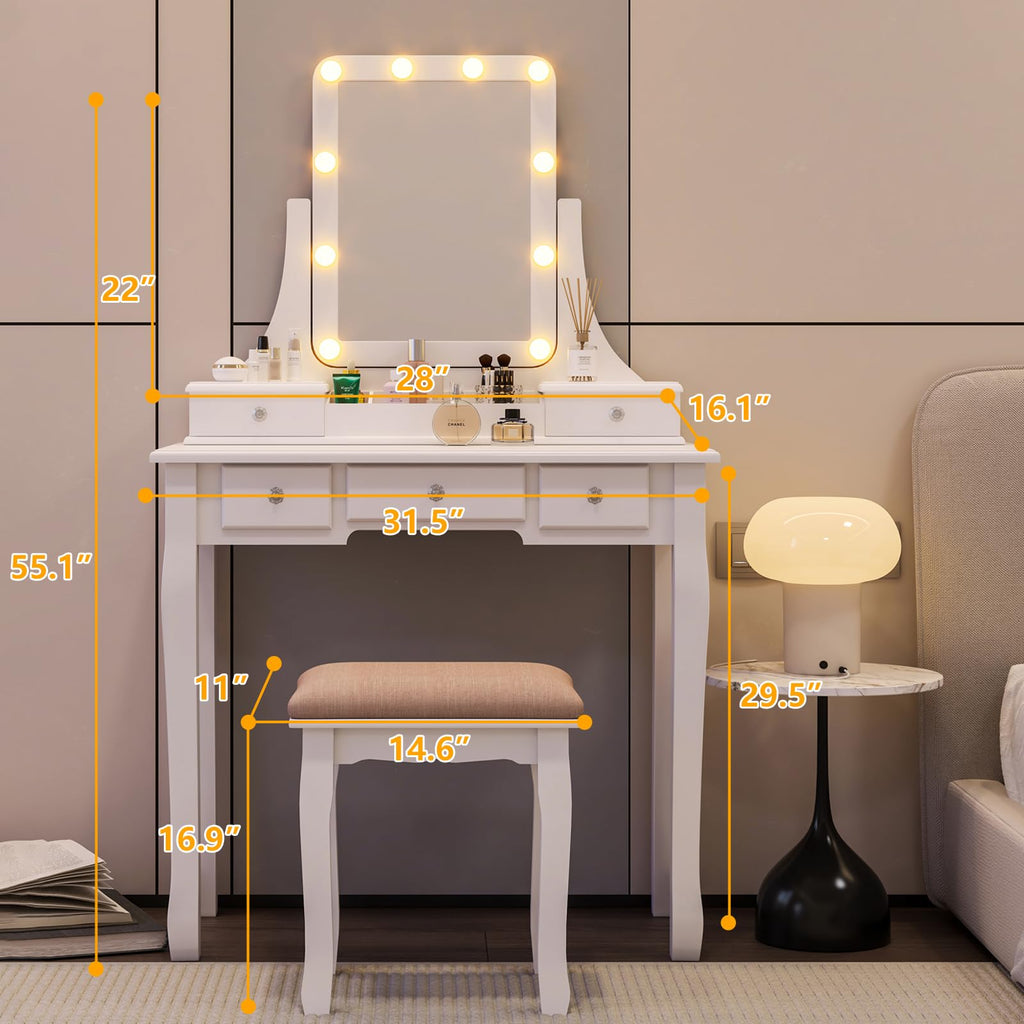 Vanity Desk with Mirror and Lights and Stool Set A4705