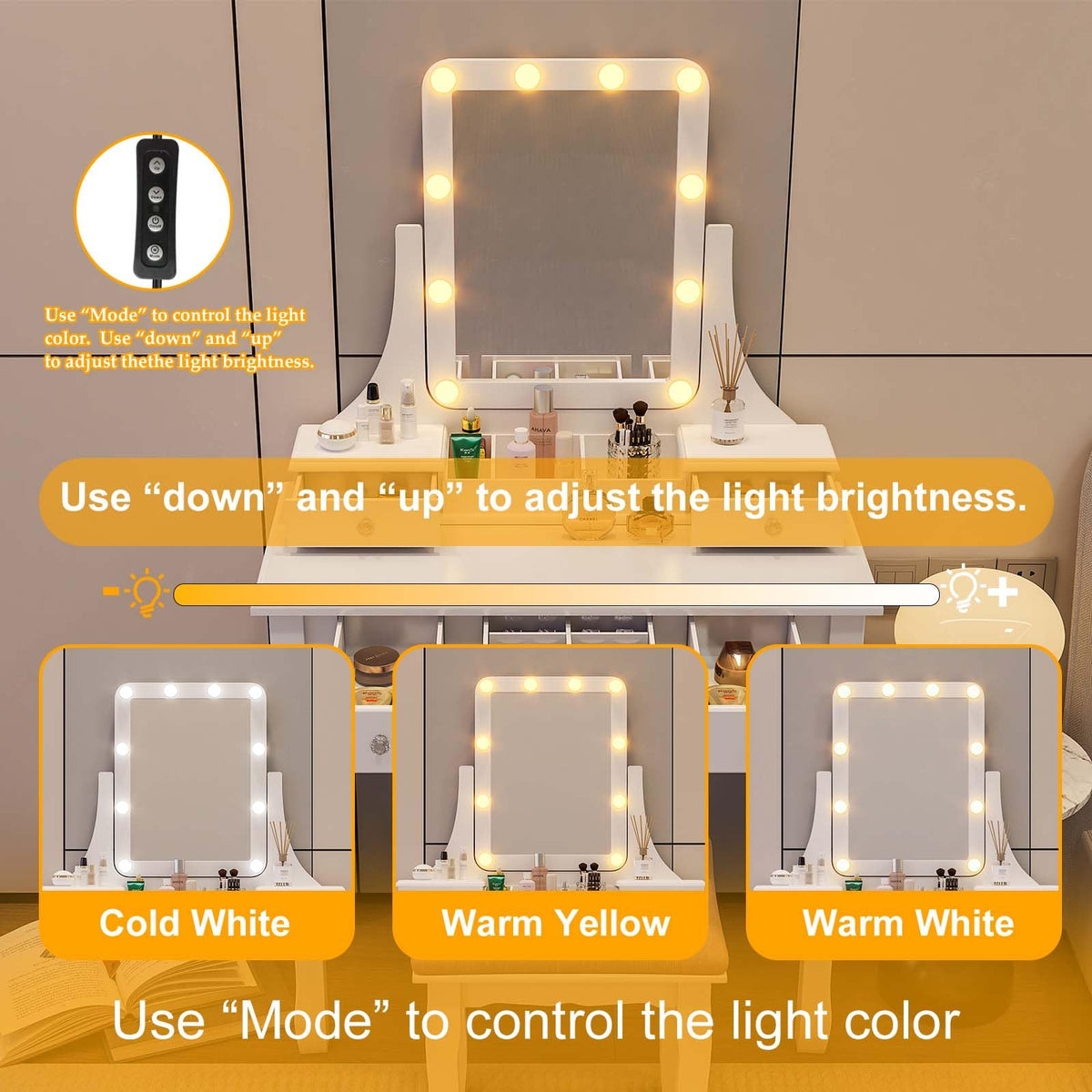 Vanity Desk with Mirror and Lights and Stool Set A4705