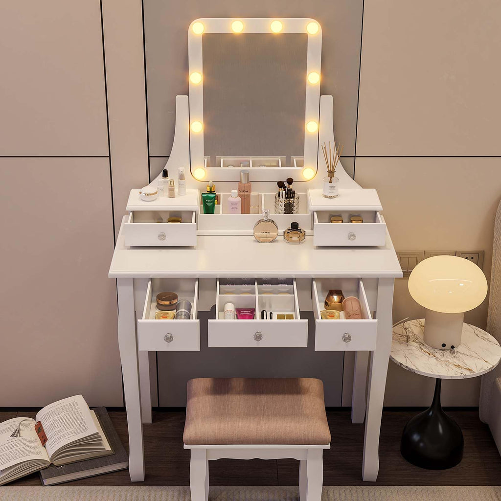 Vanity Desk with Mirror and Lights and Stool Set A4705