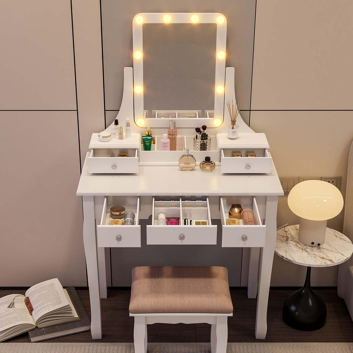 Vanity Desk with Mirror and Lights and Stool Set A4705