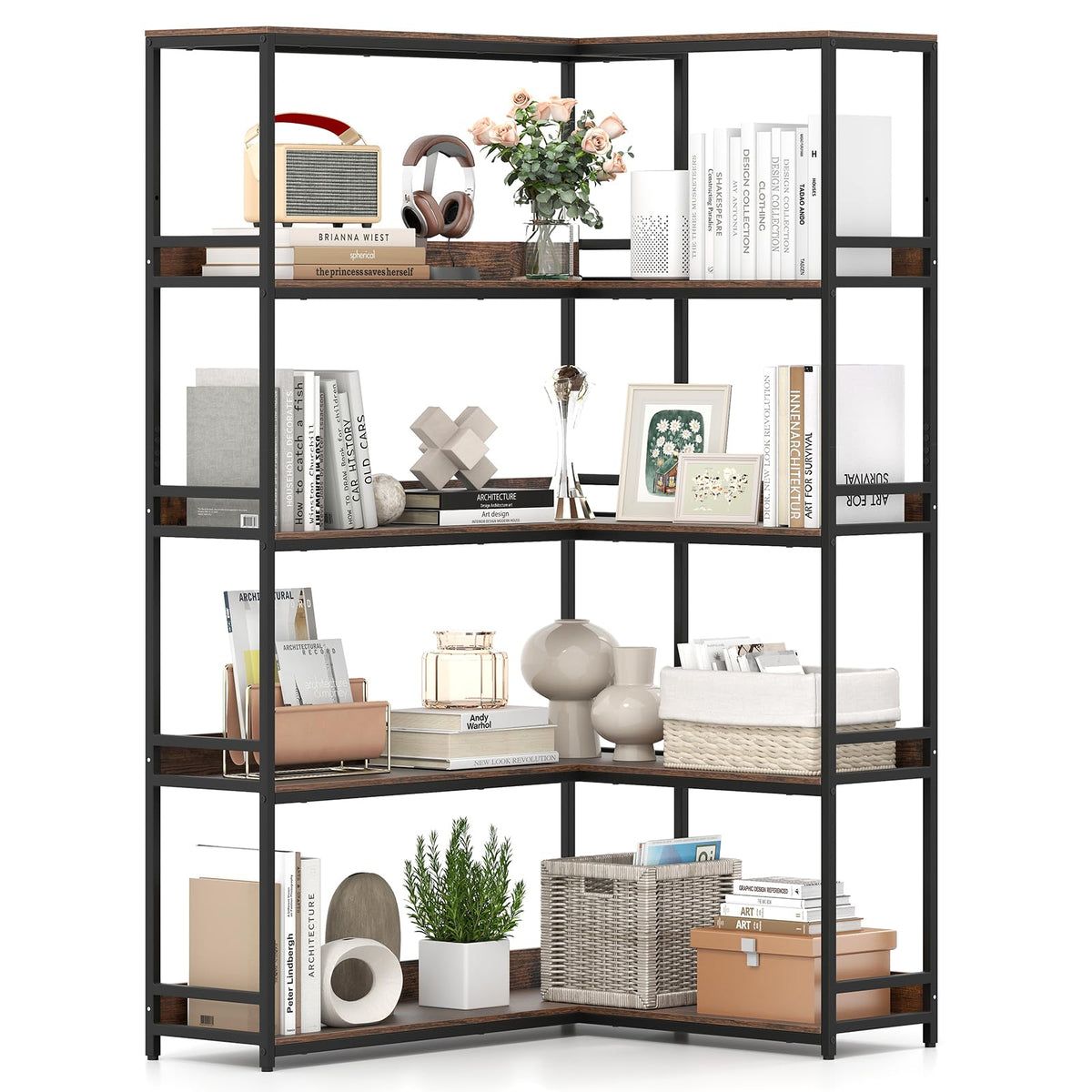 5-Tier L-Shaped Bookshelf with Metal Frame M4852