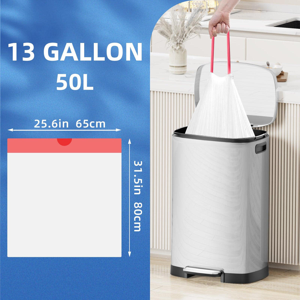 13.2 Gallon Tall Kitchen Drawstring Trash Bags, 200 Count Unscented Leak Proof J1638