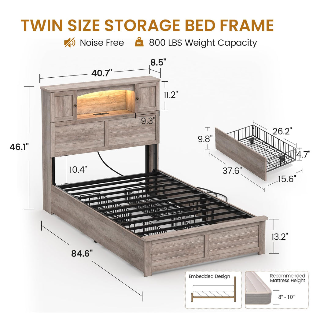 Twin Size Wood Platform Bed Frame with Bookcase Storage Headboard and 4 Drawers M62248
