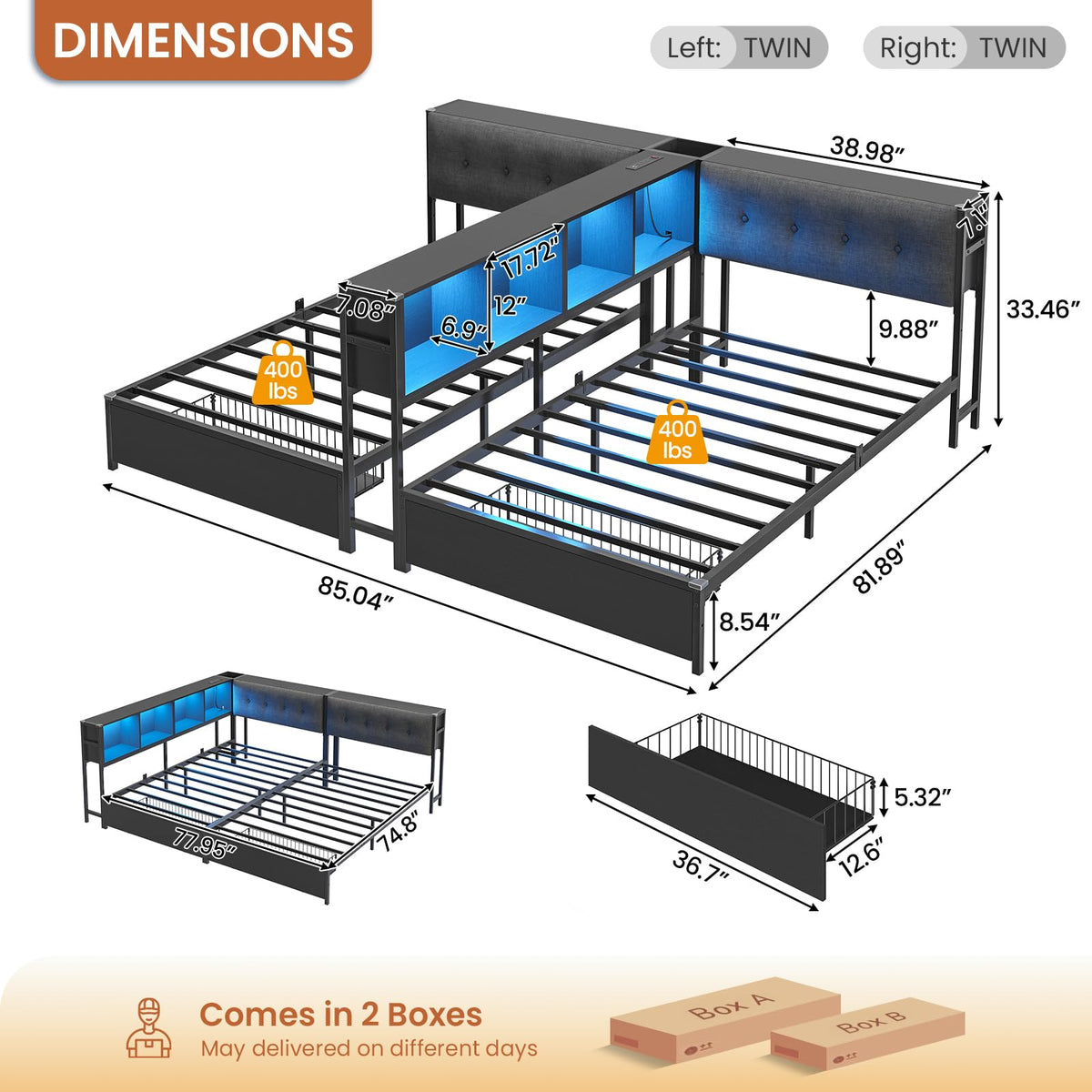 Black Twin Metal Platform Bed with Storage A910688