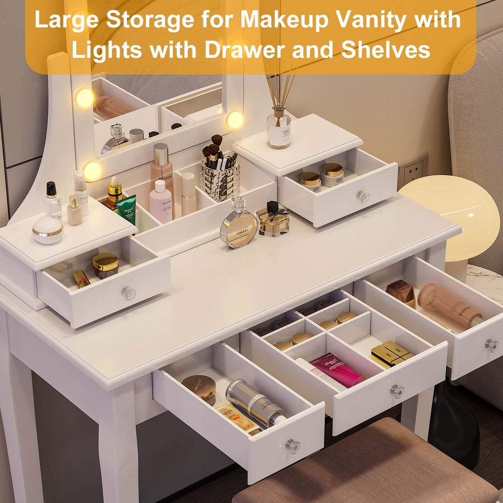Vanity Desk with Mirror and Lights and Stool Set A4705