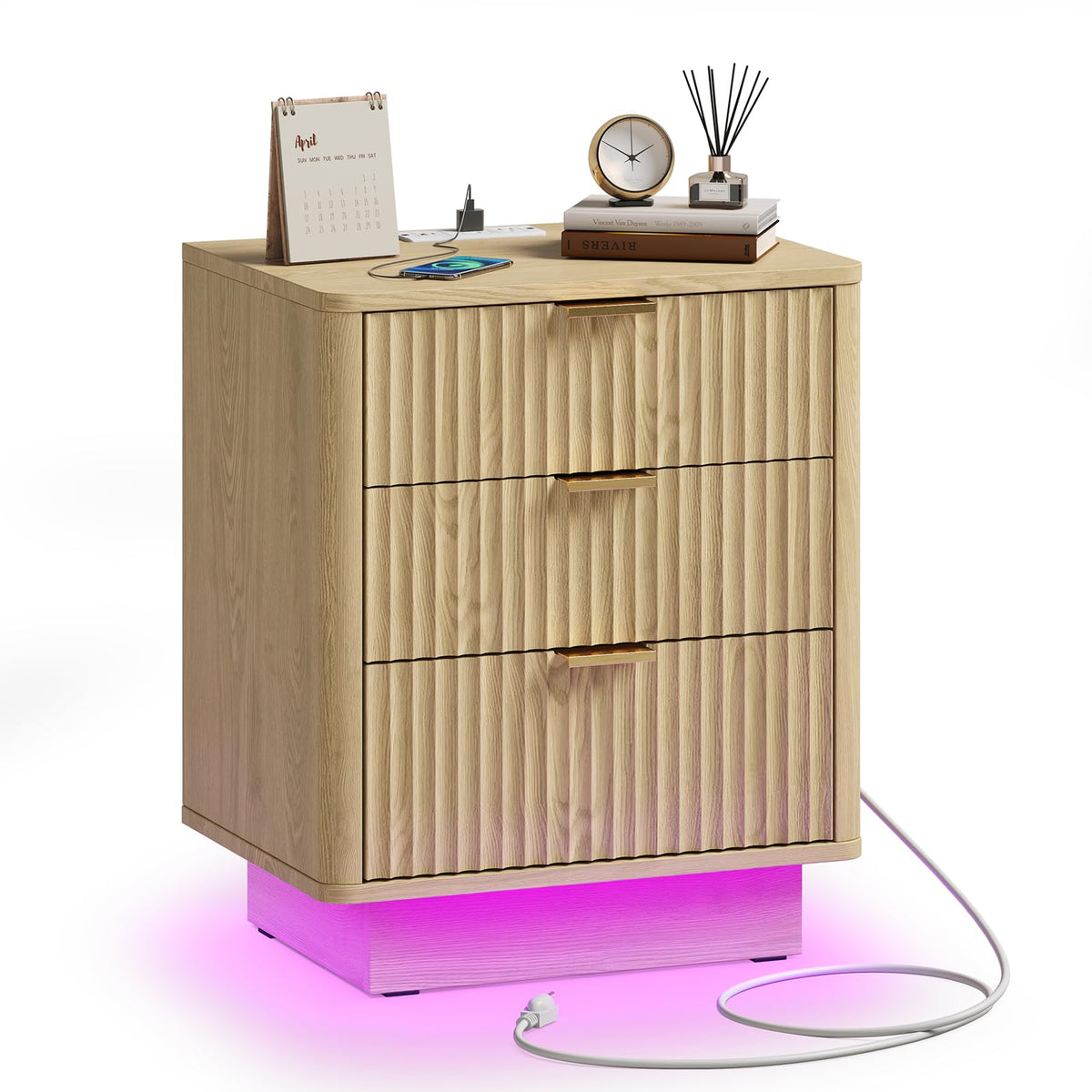 Natural 3 Drawer Nightstand with Charging Station V3984