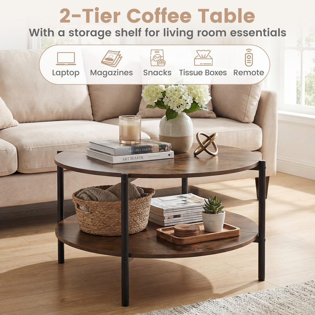 Round 2-Tier Coffee Table with Storage Shelf P682
