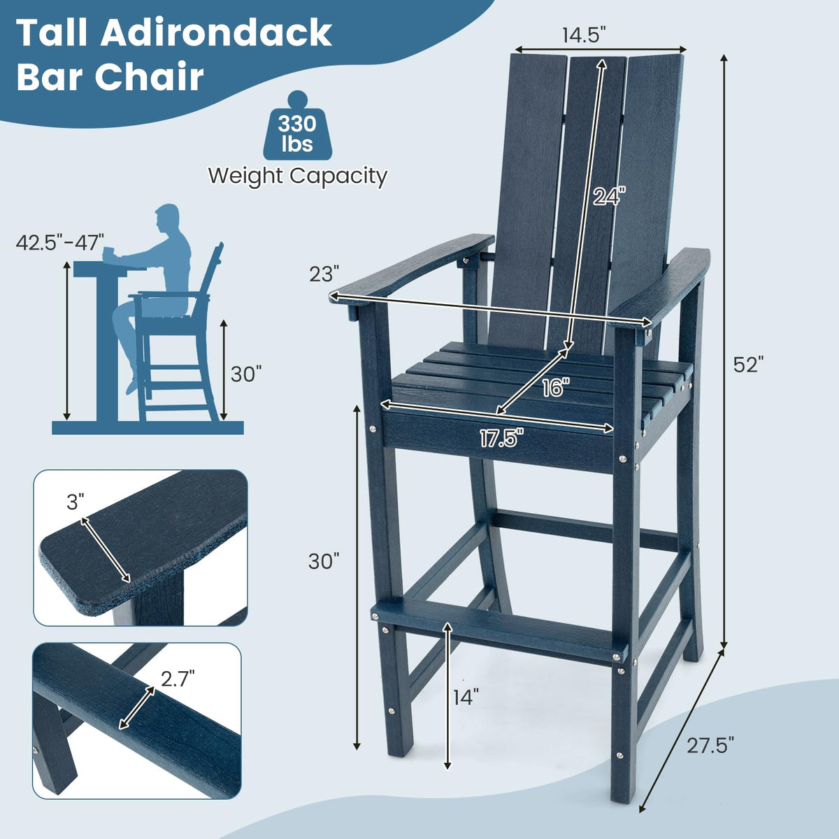 52” Tall HDPE Adirondack Chair Set of 4 Navy U1068
