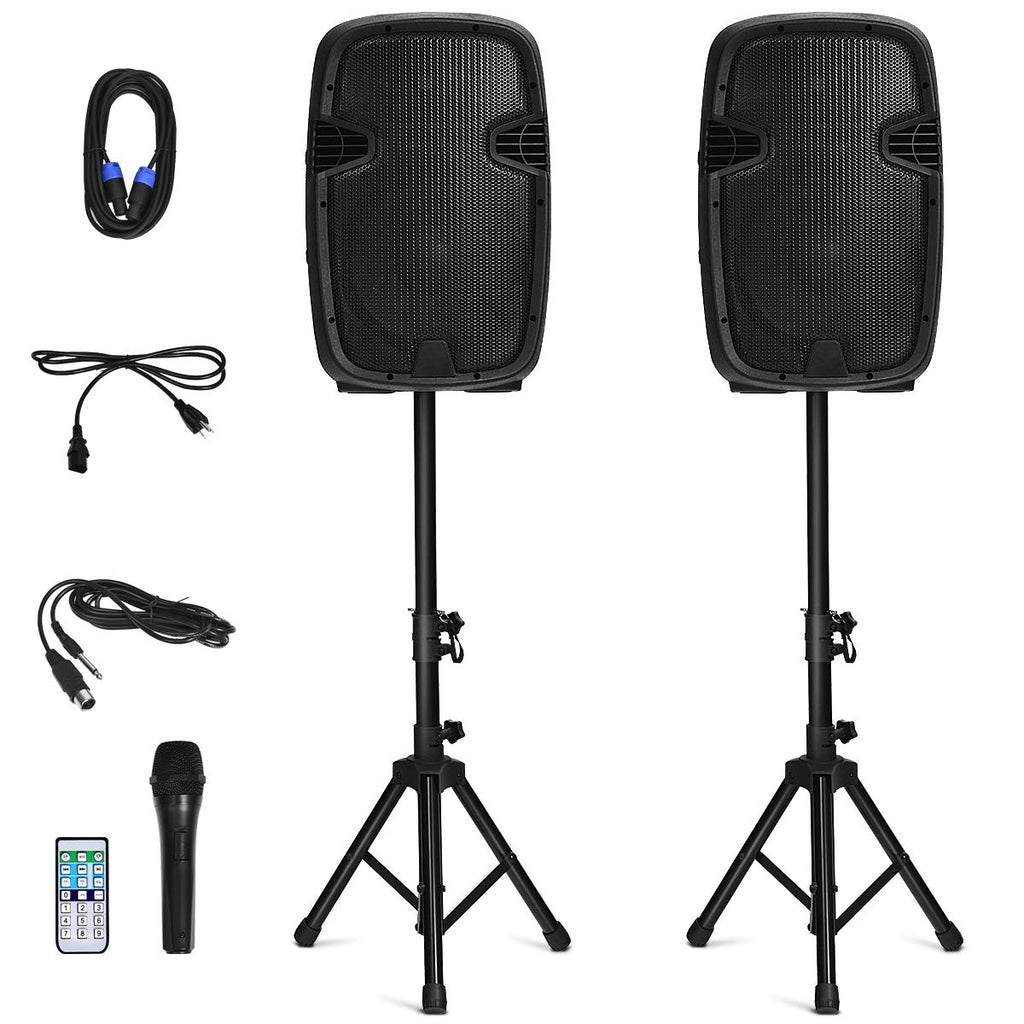 2000W 12" Portable Dual Powered Speakers PA System with Tripod Stands I210209