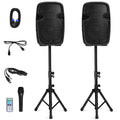 2000W 12" Portable Dual Powered Speakers PA System with Tripod Stands I210209