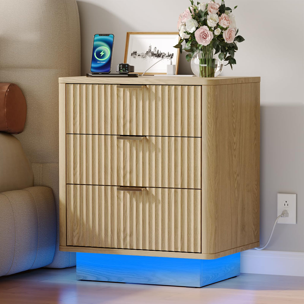 Natural 3 Drawer Nightstand with Charging Station V3984