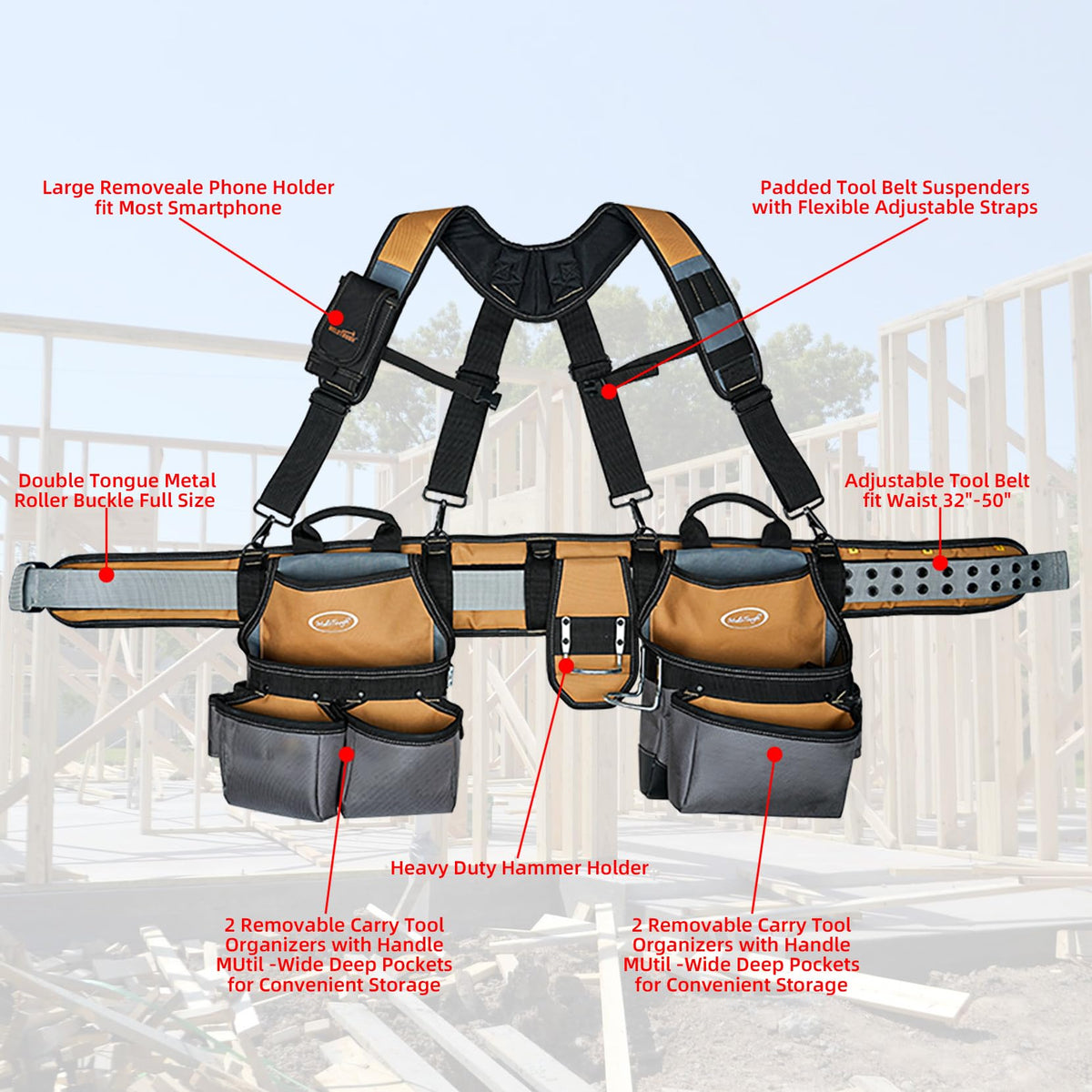 Khaki 28-Pocket Tool Belt and Suspenders H691