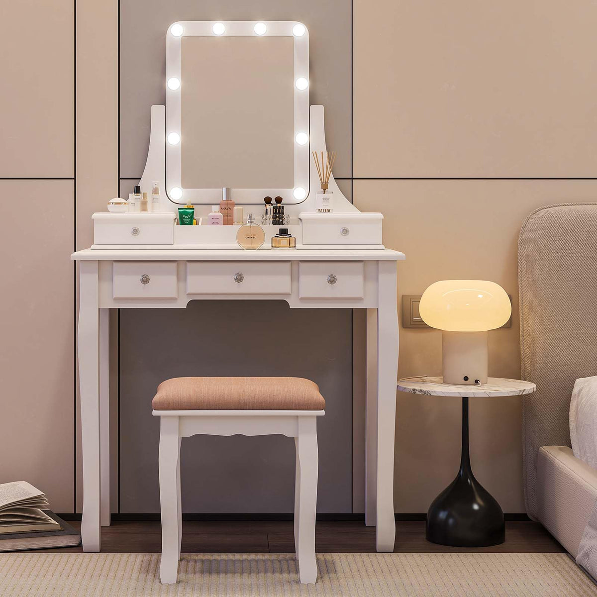 Vanity Desk with Mirror and Lights and Stool Set A4705