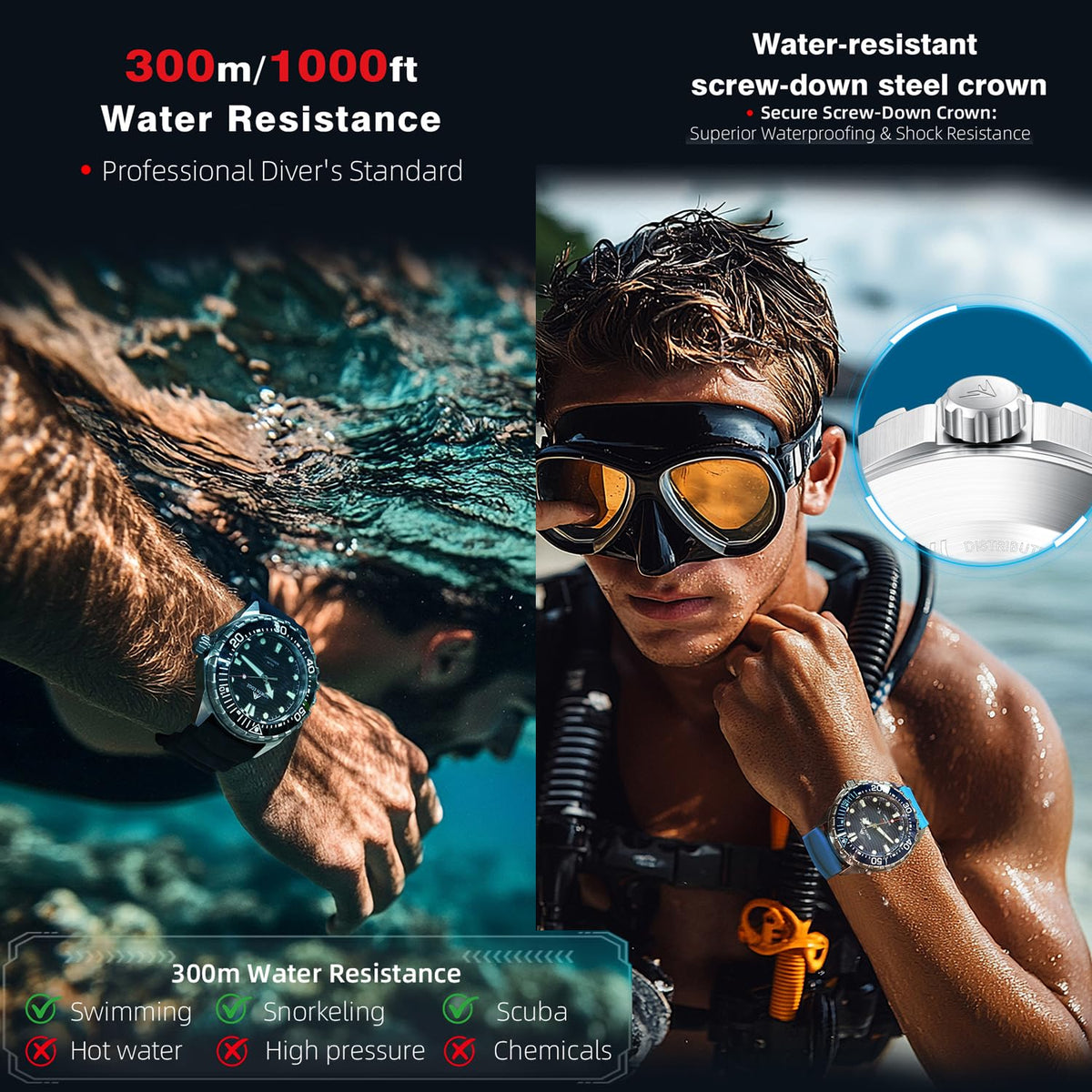 300M Water Resistant Stainless Steel Quartz Analog Watch O6494