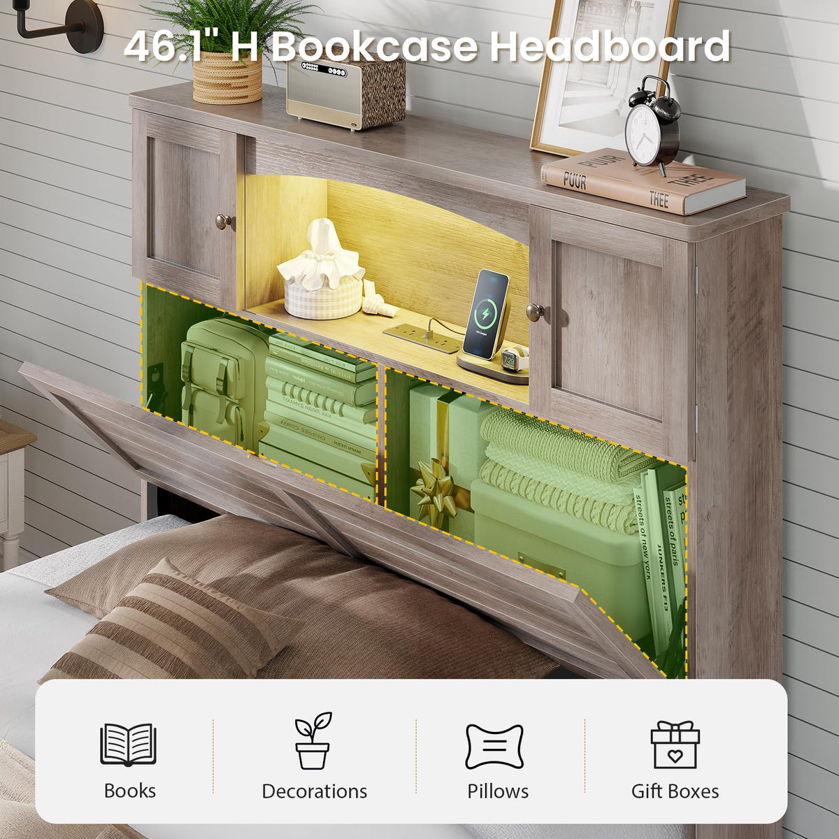 Twin Size Wood Platform Bed Frame with Bookcase Storage Headboard and 4 Drawers M62248
