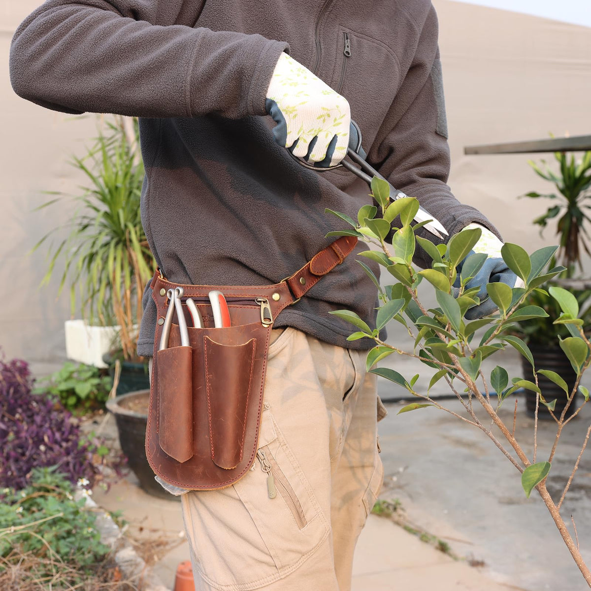 Brown Leather Gardening Tool Belt with 4 Pockets M2326