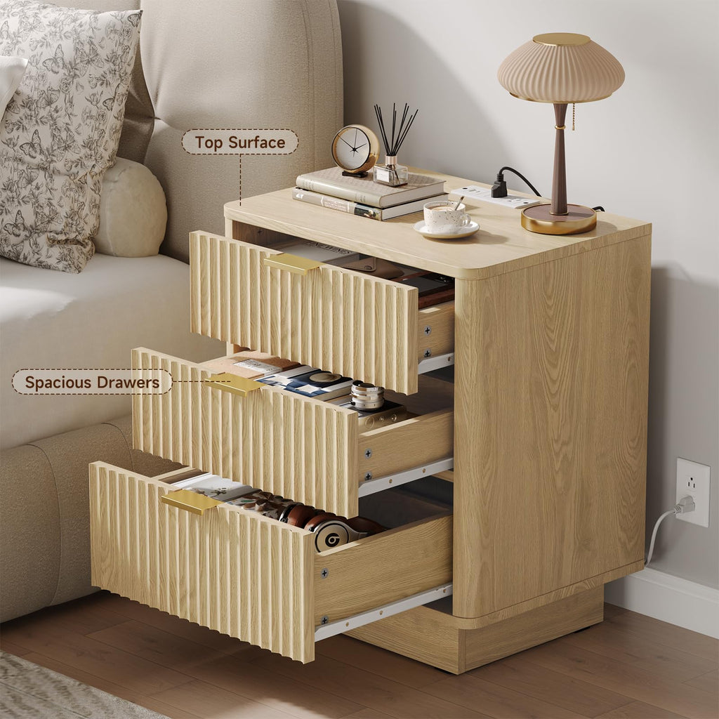 Natural 3 Drawer Nightstand with Charging Station V3984