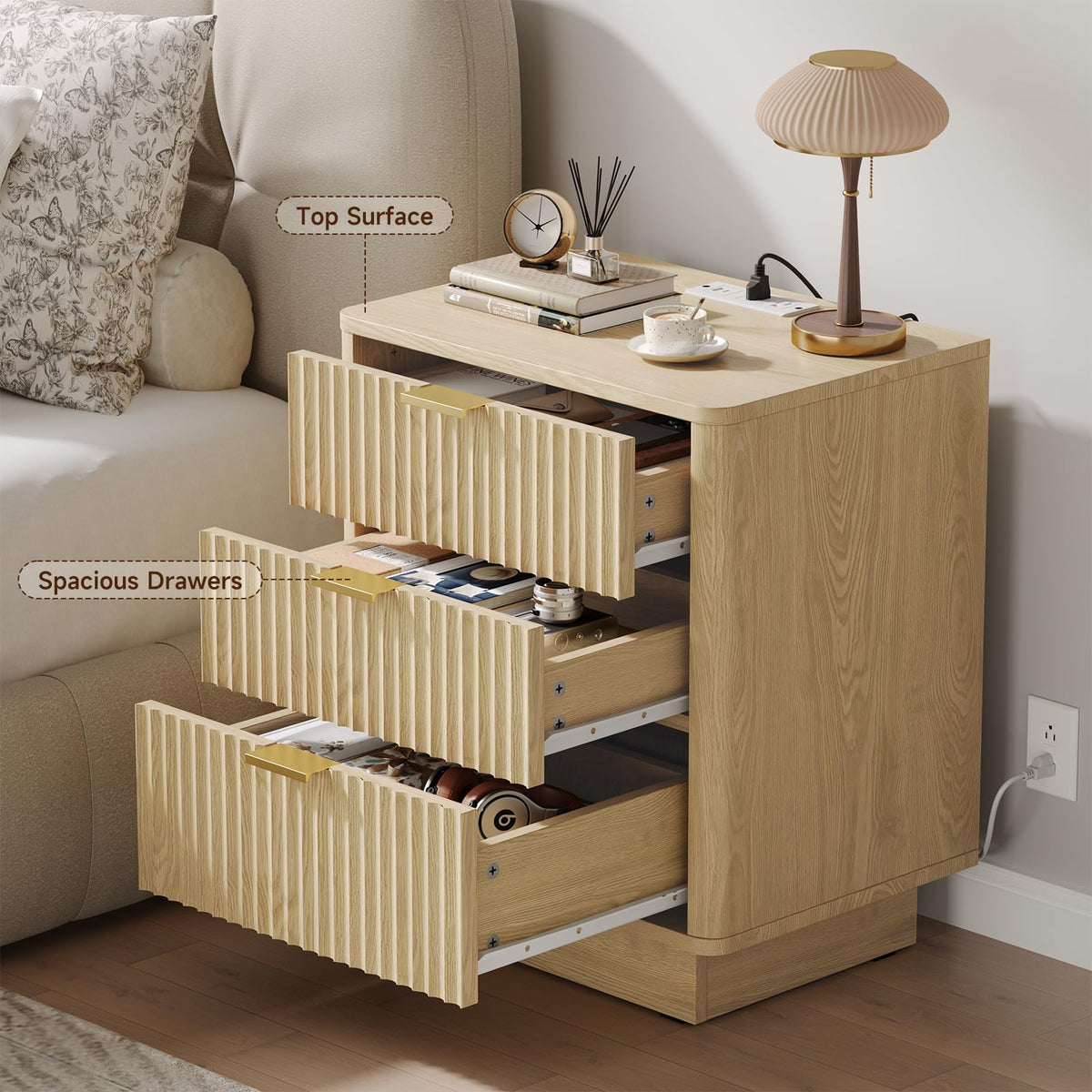 Natural 3 Drawer Nightstand with Charging Station V3984