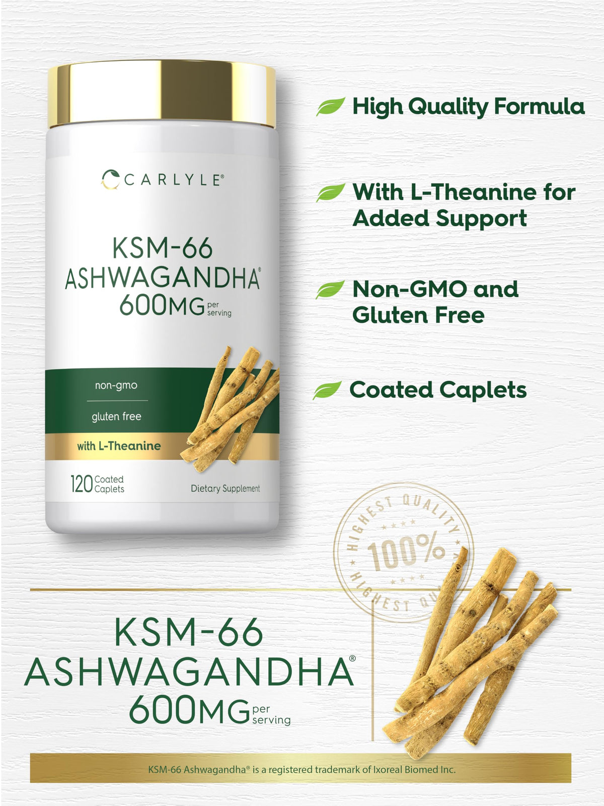 Ashwagandha Root Extract 600mg 120 Vegan Caplets L2120