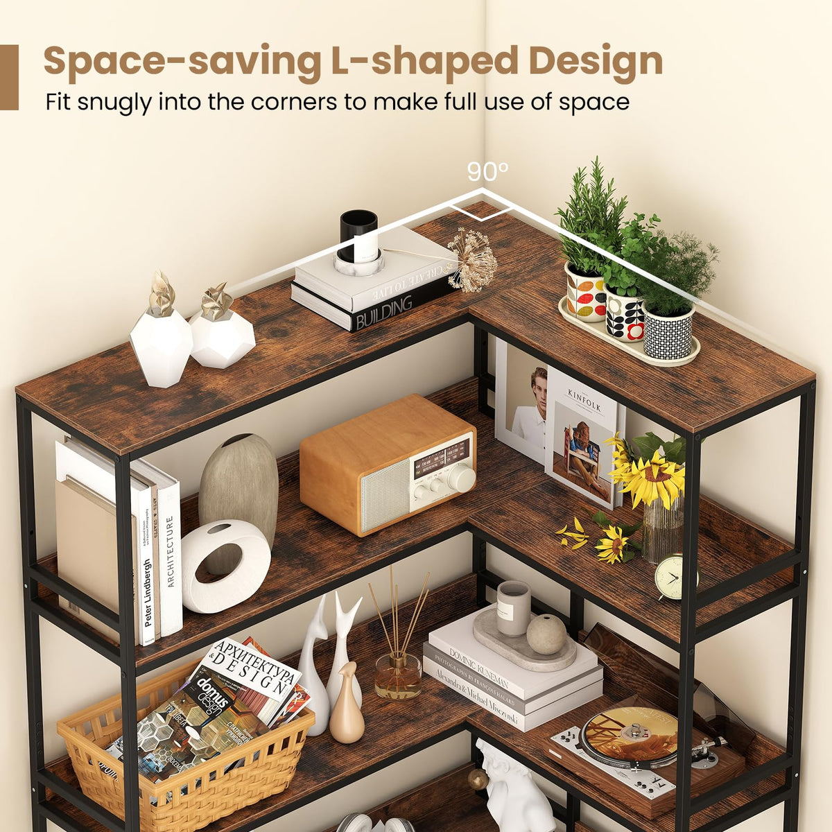 5-Tier L-Shaped Bookshelf with Metal Frame M4852
