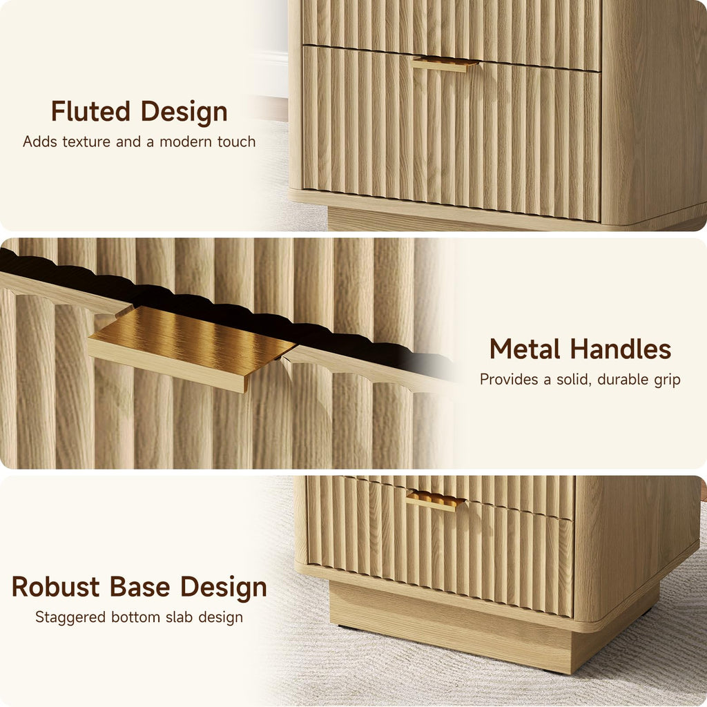 Natural 3 Drawer Nightstand with Charging Station V3984