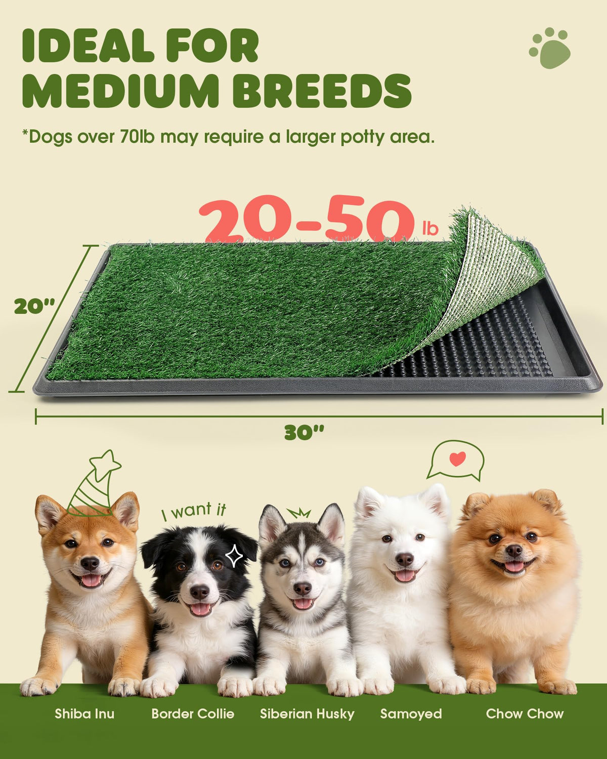 Grass Pad for Dogs Potty, 3-Layer Reusable, Washable, 30 x 20 in I21409