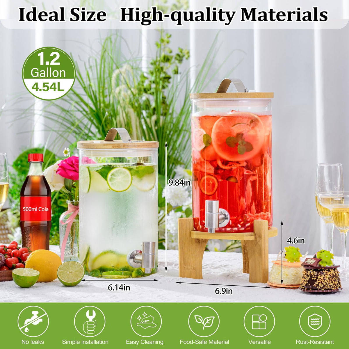 1.2 Gallon Glass Drink Dispenser with Stand and Spigot, 2 Pack Q1949