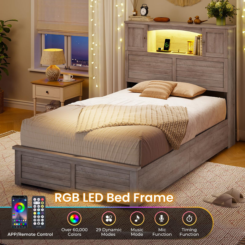 Twin Size Wood Platform Bed Frame with Bookcase Storage Headboard and 4 Drawers M62248