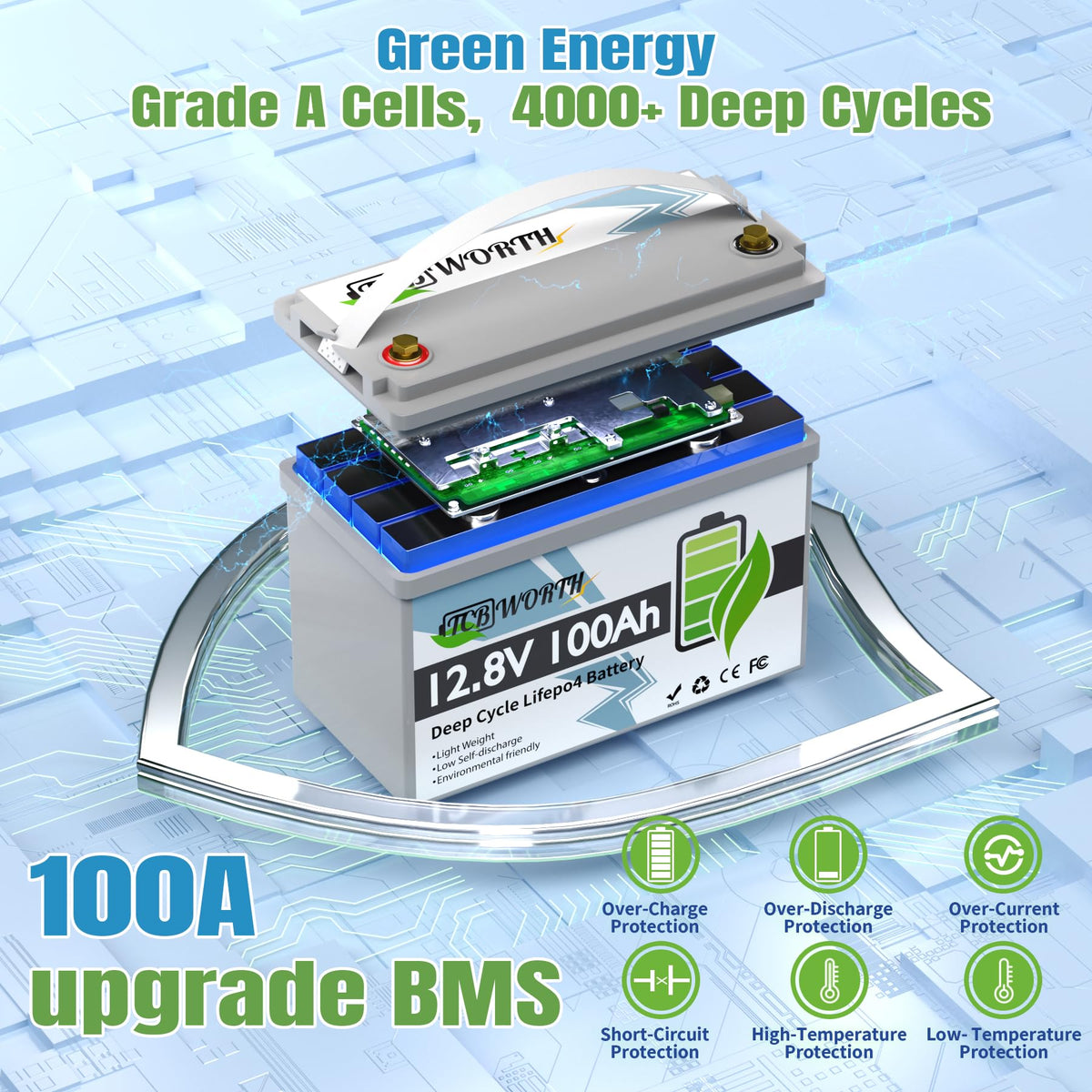 12V 100Ah LiFePO4 Deep Cycle Lithium Battery with 100A BMS G977645