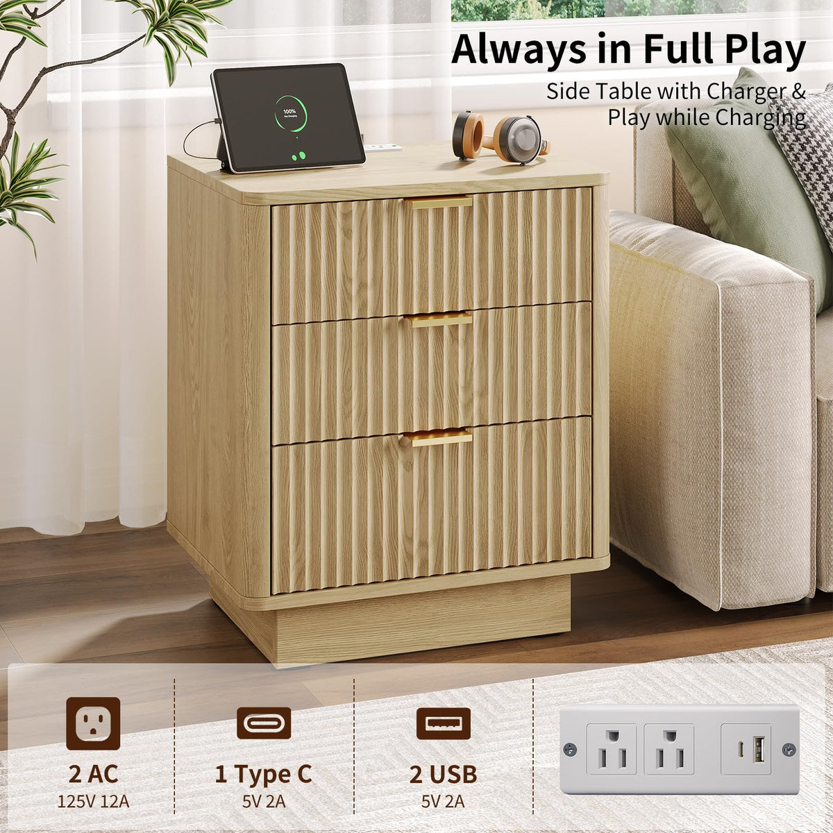 Natural 3 Drawer Nightstand with Charging Station V3984