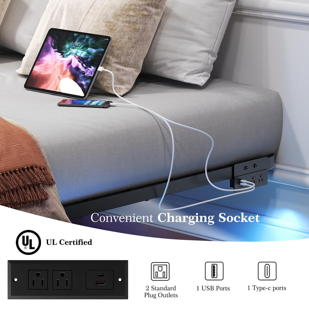 Queen Metal Platform Bed Frame with LED Lights and Charging Station L7774