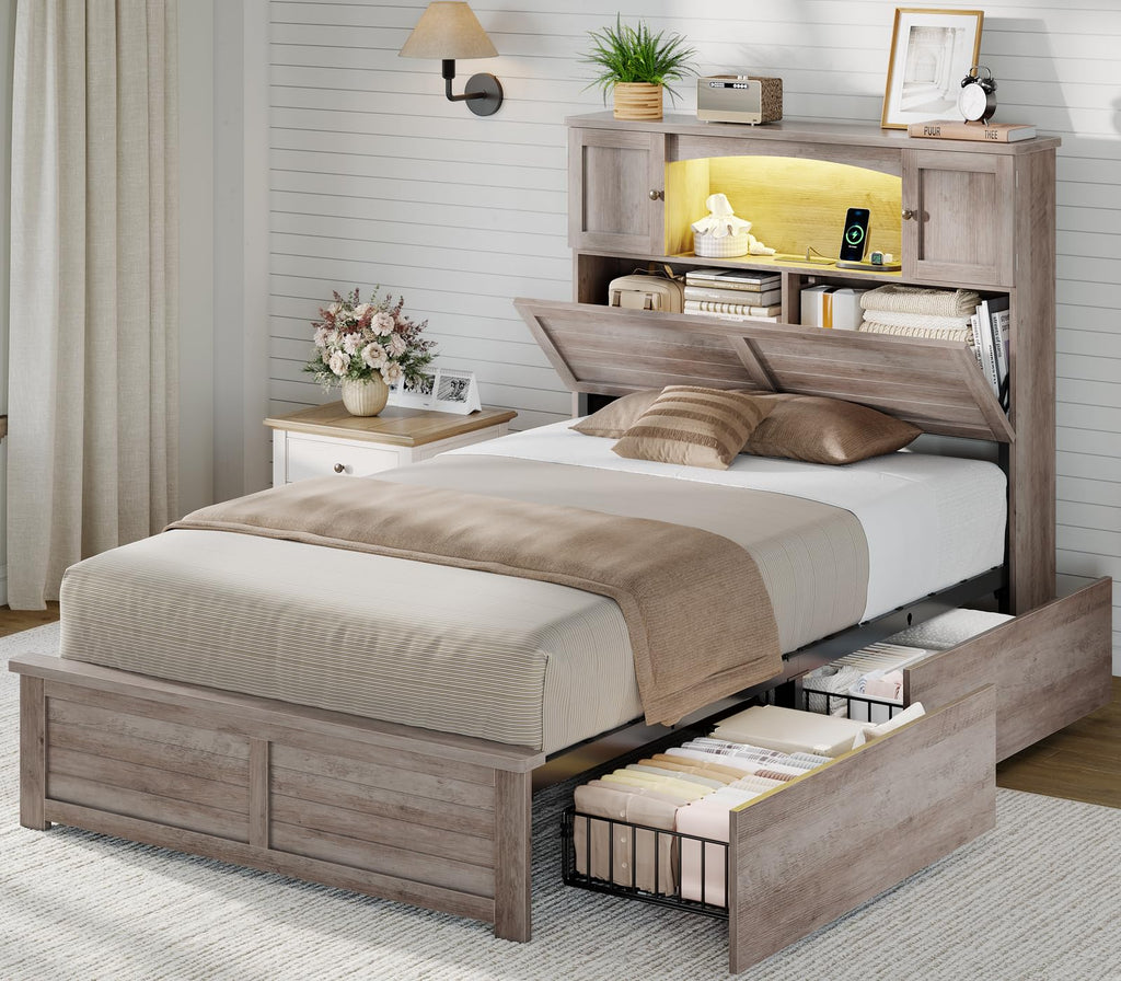 Twin Size Wood Platform Bed Frame with Bookcase Storage Headboard and 4 Drawers M62248