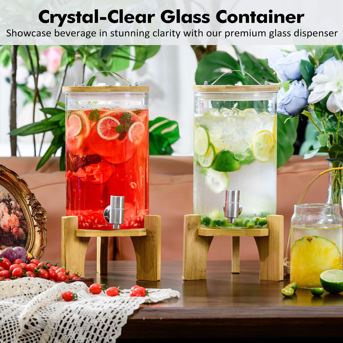 1.2 Gallon Glass Drink Dispenser with Stand and Spigot, 2 Pack Q1949