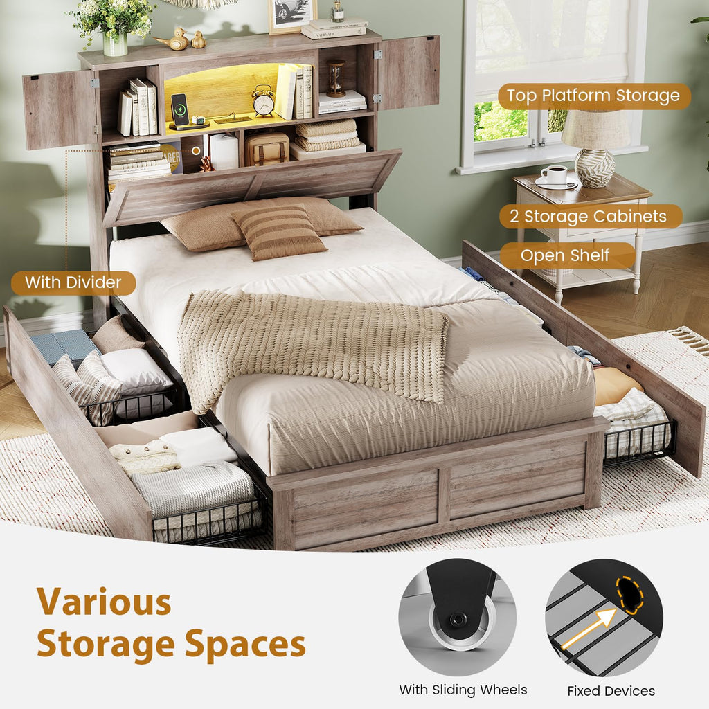 Twin Size Wood Platform Bed Frame with Bookcase Storage Headboard and 4 Drawers M62248