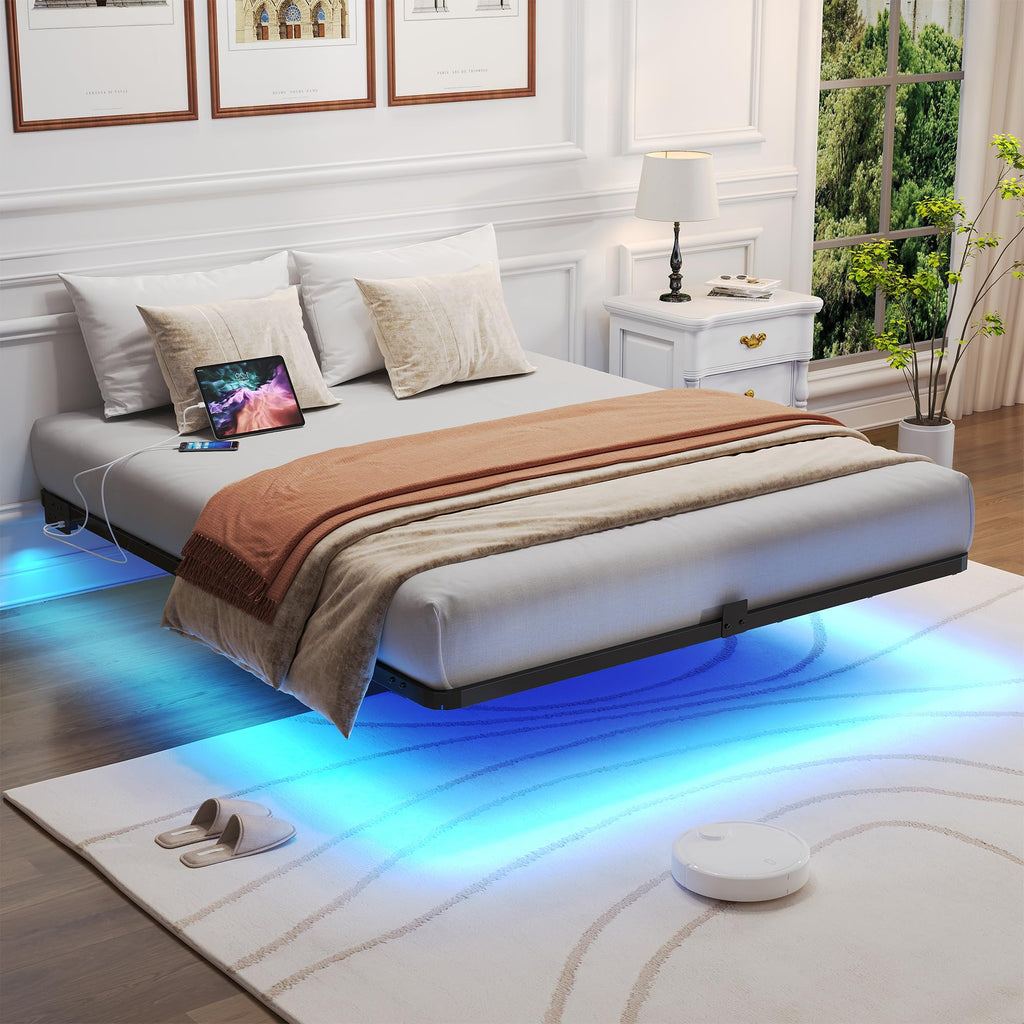 Queen Metal Platform Bed Frame with LED Lights and Charging Station L7774