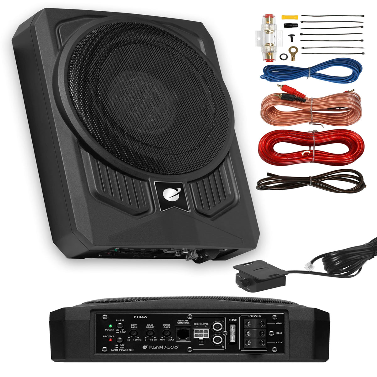 10 Inch 1000 Watt Powered Car Subwoofer and Wiring Kit X1610