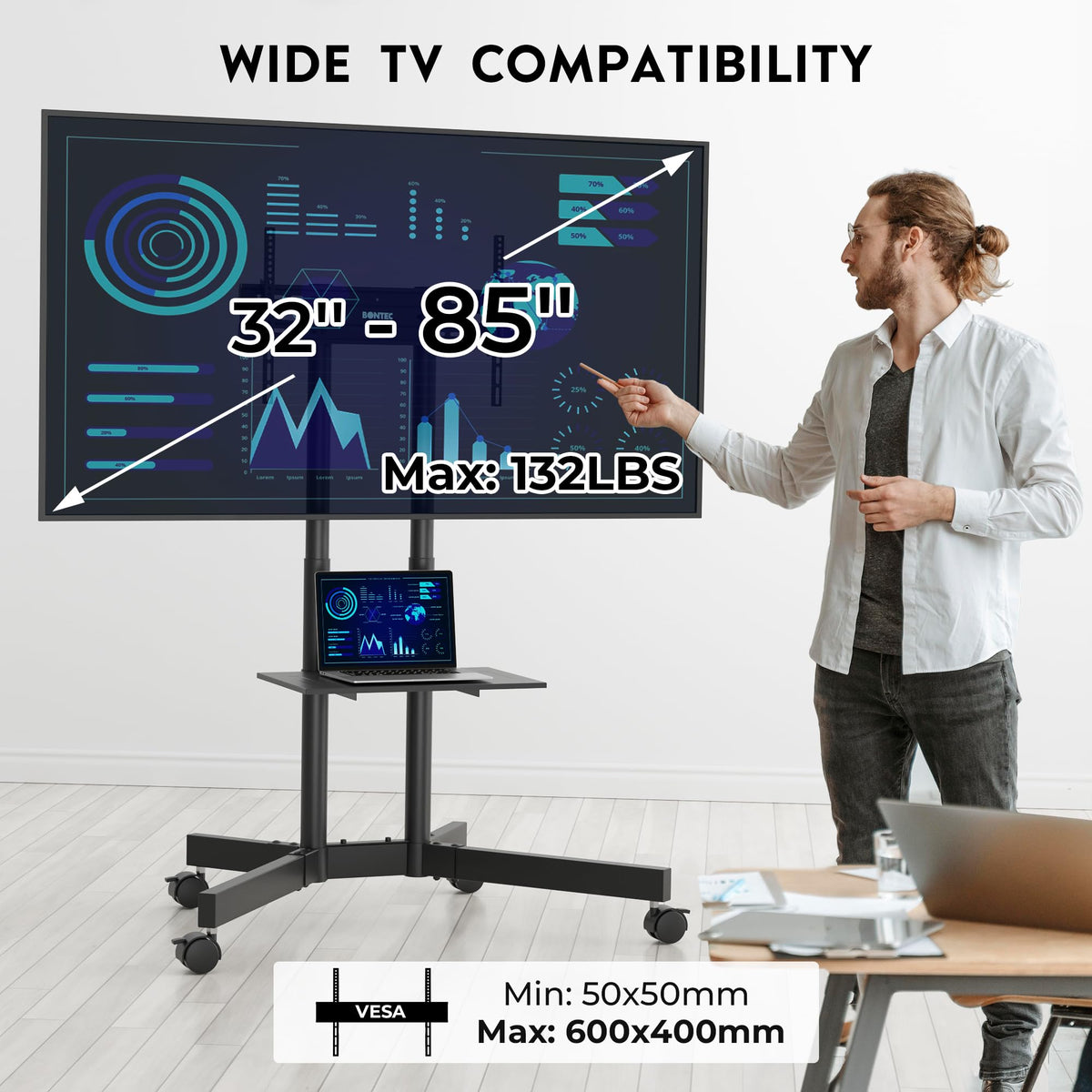 Rolling TV Stand with Tilt, Black D3294