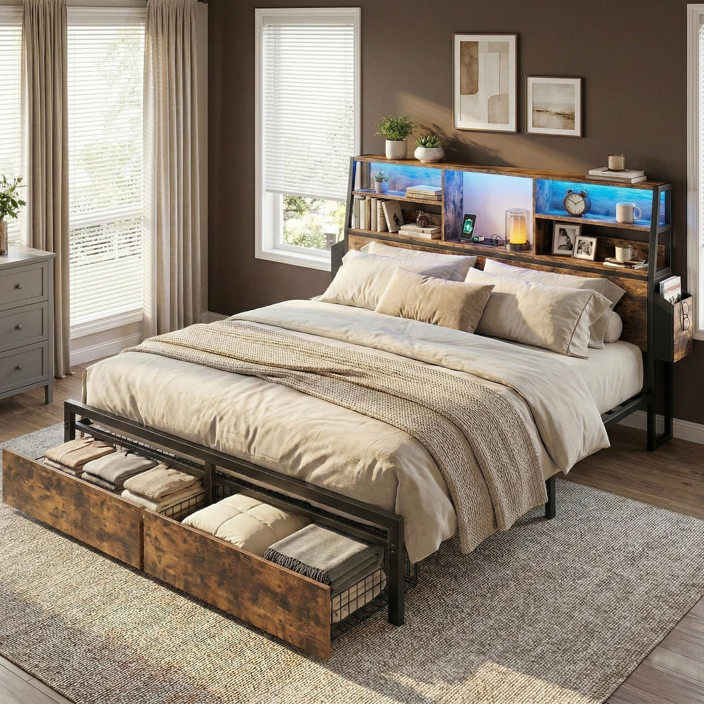 Queen Bed Frame with Storage Headboard and 2 Drawers Y730868