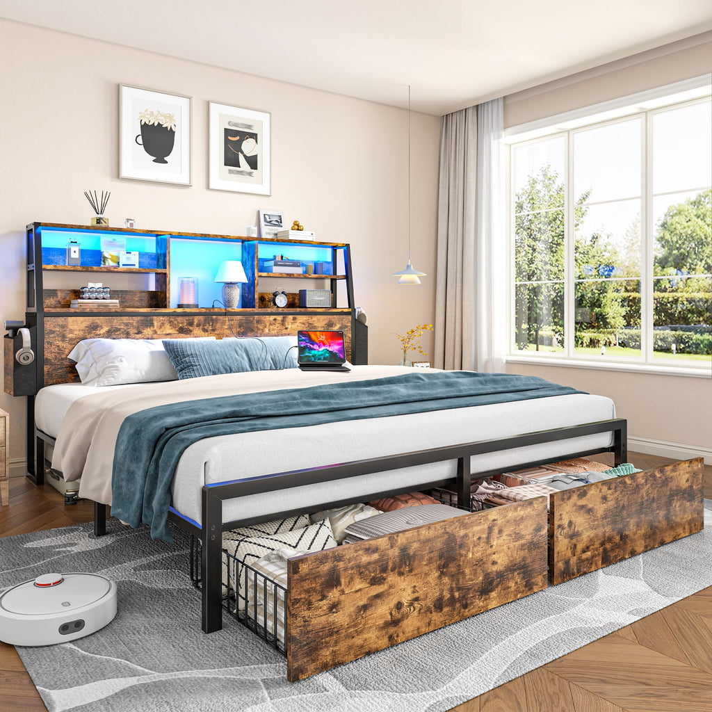 Queen Bed Frame with Storage Headboard and 2 Drawers Y730868