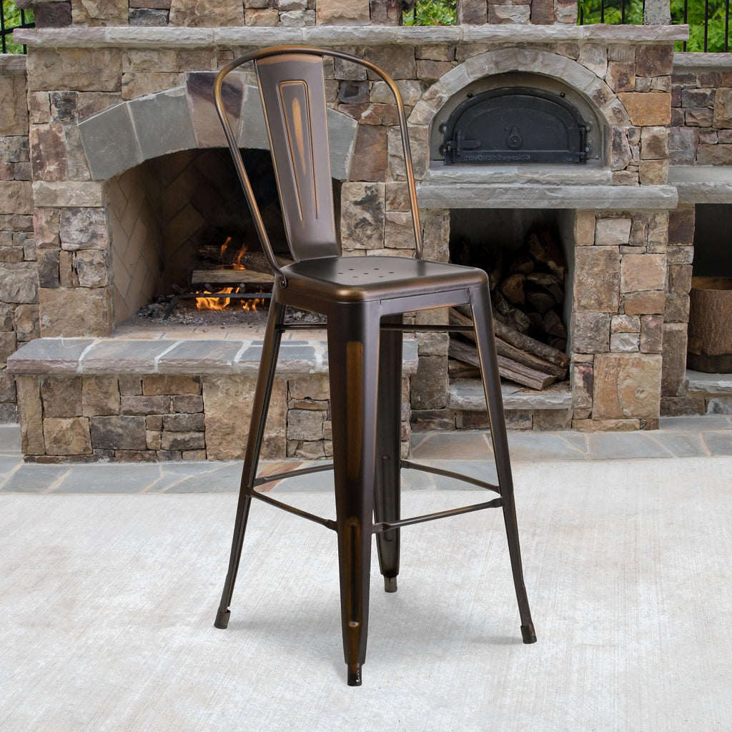 Distressed Copper Metal Indoor-Outdoor Barstool with Back E50139