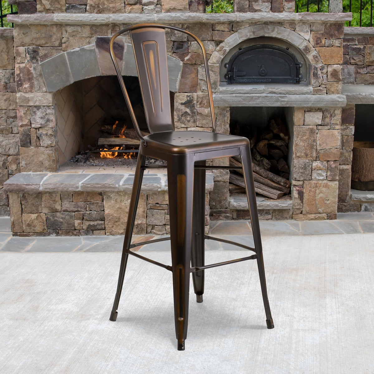 Distressed Copper Metal Indoor-Outdoor Barstool with Back E50139