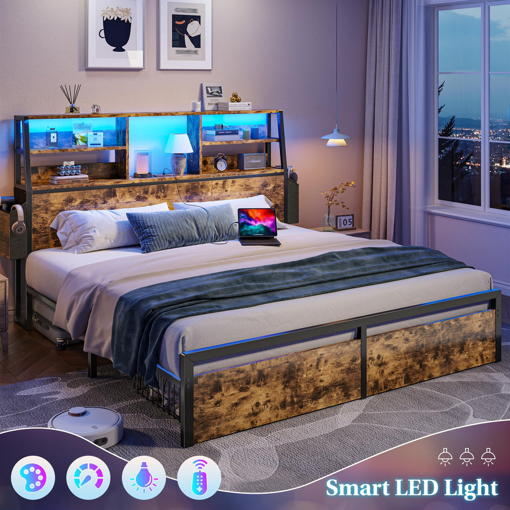 Queen Bed Frame with Storage Headboard and 2 Drawers Y730868